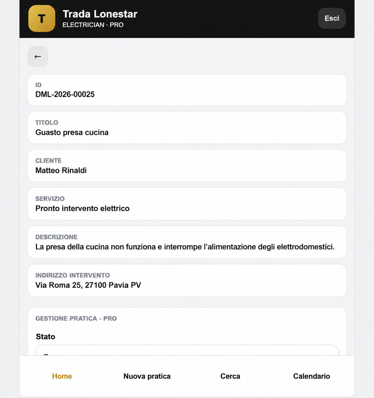 Gestione pratica DML Universal System PRO con stato urgenza appuntamento e note operative