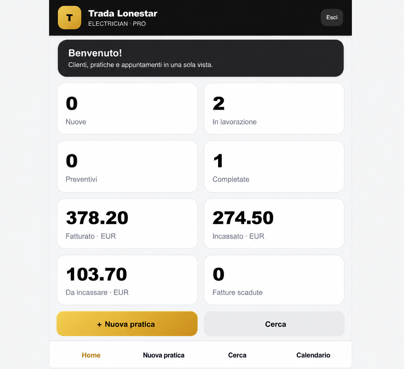 Dashboard DML Universal System PRO con riepilogo pratiche e dati economici
